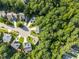 Aerial view of a cul-de-sac community nestled within a dense forest landscape at 4600 Landover Dale Dr, Raleigh, NC 27616