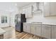Modern kitchen featuring stainless steel appliances, white subway tile backsplash, and stylish gray cabinetry at 544 Tanner Lake Ln, Raleigh, NC 27610