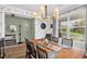 Bright dining area with a wooden table, classic chandelier, decorative wallpaper, and a large window overlooking the front yard at 908 Woodland Grove Way, Wake Forest, NC 27587