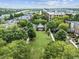 Aerial view of a community park area surrounded by lush trees and featuring a central gazebo at 111 Finsbury St, Durham, NC 27703