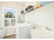Well-lit laundry room with modern white washer, sink, shelving, and window with outside views at 203 Pathwood Ln, Durham, NC 27705