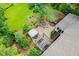 Aerial view of backyard with a fire pit area, outdoor kitchen, pergola, greenhouse, and lush landscaping at 218 Inwood Forest Dr, Raleigh, NC 27603