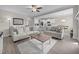 Spacious living area with sofas, white fireplace, open to kitchen, and neutral colors at 31 Sweet Birch Ave, Zebulon, NC 27597