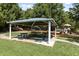 Covered picnic area in the park featuring multiple tables with built-in benches at 3311 Canoe Brook Pkwy, Raleigh, NC 27614