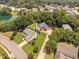 Stunning aerial view of homes with mature trees, lush lawns, and a serene lake, creating a picturesque neighborhood at 5125 Pinehall Wynd, Raleigh, NC 27604