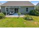 Landscaped backyard featuring a covered patio with a seating area, plants, and a sliding glass door at 515 Legacy Dr, Youngsville, NC 27596