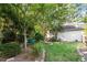 Serene backyard featuring mature trees, a manicured lawn, and a cozy seating area at 6412 Forest Ridge Dr, Durham, NC 27713