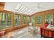Bright sunroom featuring wood paneling, skylights, and expansive windows overlooking the lush backyard at 6728 Glen Forrest Dr, Chapel Hill, NC 27517