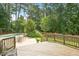 The backyard features a spacious deck with a view of lush greenery and a tranquil pool area at 8512 Barrett Hall Ln, Wake Forest, NC 27587