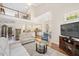 Open living room featuring hardwood floors, high ceilings, fireplace and modern furnishings at 8512 Barrett Hall Ln, Wake Forest, NC 27587