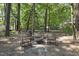 Backyard fire pit with seating surrounded by trees offers a cozy outdoor space at 116 Hidden Cellars Dr, Holly Springs, NC 27540