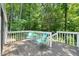 Outdoor deck area with white railings and charming blue patio furniture surrounded by mature trees at 2849 Rue Sans Famille, Raleigh, NC 27607
