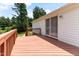 Wooden deck overlooking a private backyard with sliding glass door access to the home at 2932 Bramblegate Dr, Mebane, NC 27302
