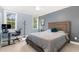 Bedroom featuring blue walls, neutral carpet, and a dedicated workspace at 4228 Fawn Lily Dr, Wake Forest, NC 27587