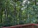 The tree tops of a lush forest are seen from a wood deck with stained wood railing at 809 Green Passage Ln, Apex, NC 27502