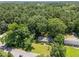 Aerial view of home nestled among mature trees in a serene setting at 111 Lattimore Ln, Durham, NC 27713