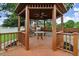 Gazebo with ceiling fan, offering an inviting outdoor seating area in a landscaped backyard at 201 Shady Lane Dr, Smithfield, NC 27577