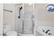 Modern bathroom featuring glass enclosed shower and large soaking tub at 201 Shady Lane Dr, Smithfield, NC 27577