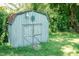 A blue-green shed in the backyard at 310 Spring St, Durham, NC 27703