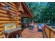 Relaxing log cabin porch with comfortable seating, wood floors, and a view of the surrounding trees at 52 Buoy Dr, Henderson, NC 27537