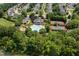 Aerial view features a community pool, tennis courts, clubhouse, and playgrounds surrounded by lush landscaping at 8106 Sommerwell St, Raleigh, NC 27613