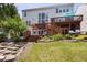 Landscaped backyard with multi-level deck and patio offering serene outdoor living spaces and scenic views at 8106 Sommerwell St, Raleigh, NC 27613