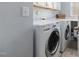 Bright laundry room with updated washer and dryer, with overhead storage and folding table at 8106 Sommerwell St, Raleigh, NC 27613