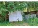 White storage shed with a gated entrance and a roof almost entirely covered with vines at 827 Union St, Cary, NC 27511