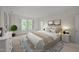 This staged bedroom features a decorative rug and furnishings at 100 Edenburgh Rd # 202, Raleigh, NC 27608