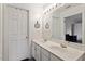 Bright bathroom featuring a double sink vanity, large mirror, and a view into an adjacent room at 110 Great Ridge Ct, Morrisville, NC 27560