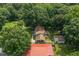 Aerial view of the backyard, including mature trees, a detached garage, and a back porch at 1704 Little John Ct, Burlington, NC 27217
