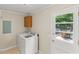 Laundry room featuring modern appliances and a door leading to the backyard deck at 1704 Little John Ct, Burlington, NC 27217