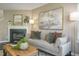 Cozy living room with a fireplace, grey sofa, throw pillows, wood coffee table and stylish decor at 211 Cloverdale Dr, Durham, NC 27703