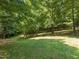 Large grassy back yard with mature shade trees and a decorative wood fence at 267 Bald Eagle Dr, Pittsboro, NC 27312