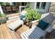 Cozy deck lounge area featuring comfortable chairs, perfect for enjoying the peaceful, landscaped backyard at 267 Bald Eagle Dr, Pittsboro, NC 27312