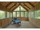Cozy screened-in porch with wood paneling, vaulted ceiling, and casual seating at 267 Bald Eagle Dr, Pittsboro, NC 27312
