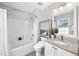 Fresh bathroom featuring tile floors, granite countertop, soaking tub, and modern fixtures at 3201 Sawyers Mill Dr, Apex, NC 27539