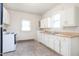 Bright kitchen featuring linoleum flooring, white cabinets, and an electric range at 402 Poplar St, Graham, NC 27253