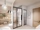 Modern bathroom featuring a glass-enclosed shower, open shelving, and a stylish hanging light fixture at 8016 Penny Rd, Raleigh, NC 27606