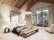 Spacious bedroom with a wood beamed ceiling, large windows, and neutral decor at 8016 Penny Rd, Raleigh, NC 27606