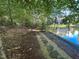 Secluded backyard featuring a peaceful pond and lush, mature trees at 101 Painted Rock Ct, Garner, NC 27529