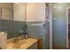 Cozy bathroom with blue tile, simple sink, and convenient storage shelf at 1186 Dick Holeman Rd, Timberlake, NC 27583