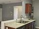 View of kitchen with stainless steel sink and accent wall at 121 Brentfield Loop, Morrisville, NC 27560