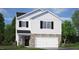 New two-story home with white siding, stone accents, a black front door, and a two-car garage at 136 Global Ave, Fuquay Varina, NC 27526
