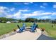 Charming backyard featuring blue Adirondack chairs around a stone fire pit, perfect for outdoor gatherings at 175 Steep Rock Dr, Willow Springs, NC 27592