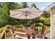Outdoor deck area with seating and an umbrella, perfect for relaxing in the backyard at 3806 Stoneybrook Dr, Durham, NC 27705