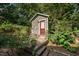 Charming backyard shed surrounded by greenery, featuring a deck, and beautiful foliage at 513 Cutler St, Raleigh, NC 27603
