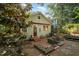 Cozy backyard featuring brick patio, stone garden beds, and lush landscaping, perfect for outdoor relaxation at 513 Cutler St, Raleigh, NC 27603