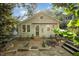 Landscaped backyard featuring lush foliage, brick patio, and well maintained lawn at 513 Cutler St, Raleigh, NC 27603
