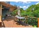 Spacious wooden deck with a dining table and chairs, surrounded by lush trees, perfect for outdoor dining at 701 Holloway St, Durham, NC 27701